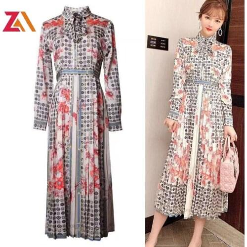 ZALady designer vintage midi dress women zevity long sleeve bow retro Pleated office style dresses streewear party festival robe