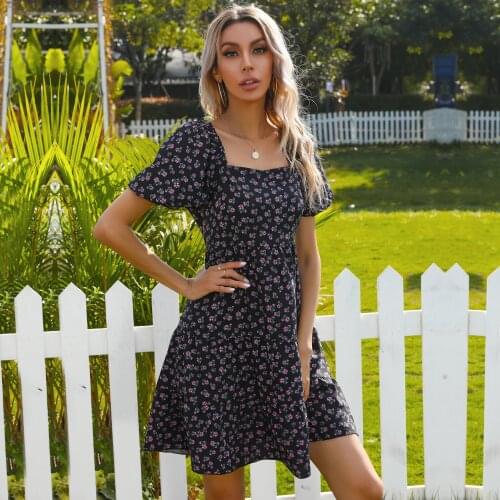 Summer Square Collar Puff Sleeve Floral Print Backless Dress Women Ruffle Folds Boho Casual Streetwear Beach Ladies Dresses