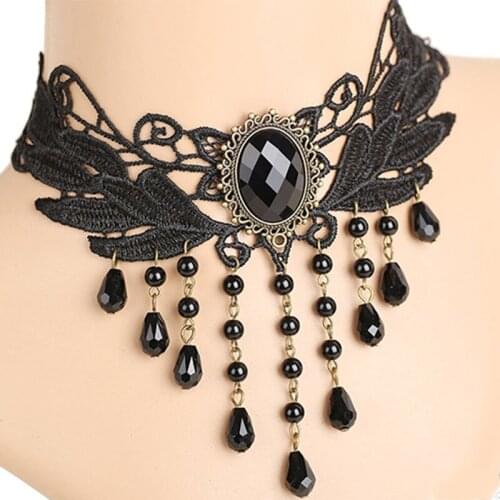 12 Pieces/Lot Black Lace Clavicle Necklace Cubic Zirconia Charm Chain Water Drop Bead Pendant Statement Choker European Style