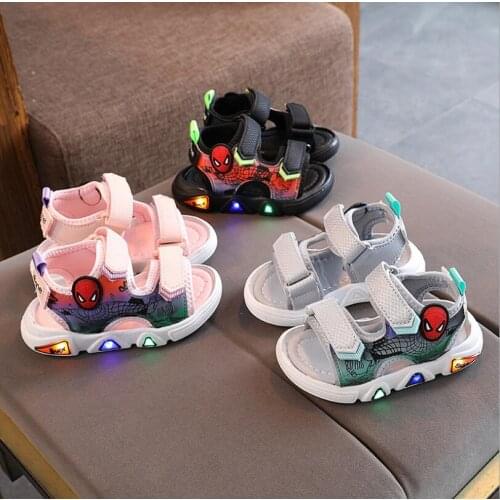 Kids Sandals Boys LED Glowing Spiderman Comfortable Childrens Summer Open Toe Kids Beach Sandals Sports