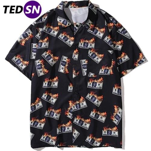 Hawaii Beach Shirts Men Oversized Fire Money Printed Half Sleeve Fashion Streetwear Shirt Loose Hip Hop Tops Tees