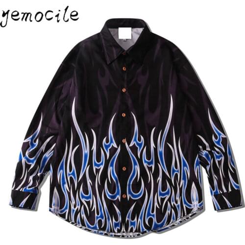 Blue Flame Printed Couple Wear Long Sleeve Shirts 2020 New Hip Hop Harajuku Shirt for Women and Men Streetwear Oversized Blouses