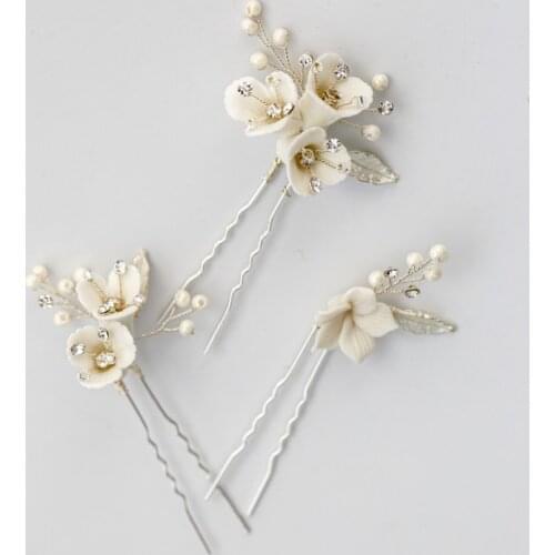 Ceramic Flower Wedding Pins Pearls Hair Jewelry Gold Silver Color Bridal Headpiece Women Hair Ornament Accessories