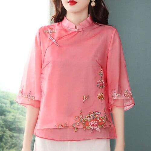 Chinese Style Summer Spring Womens Mandarin Collar Embroidery Cheongsam Blouse Top Shirt , 3xl Chipao Blouses for Women