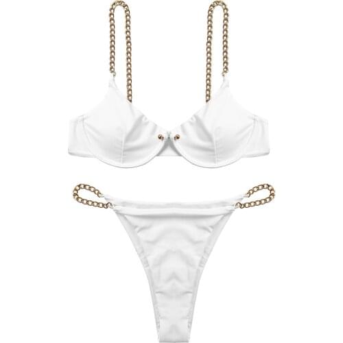 Womens Adult Metal Chain Bra Set Bikini Swimsuit Exotic Underwired Padded Push Up Bra Top with High Cut Thong Briefs Bottom