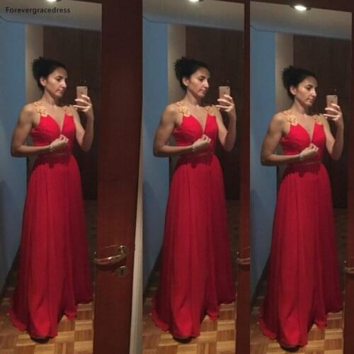 Red Deep V Neck Long Prom Dress A Line Applique Party Gown