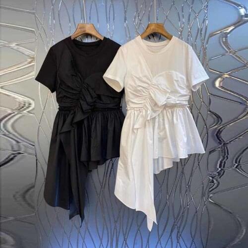 Summer Tees Eelegant Patchwork Ruffle Womans T-shirt O Neck Short Sleeve Ruched Asymmetric 3XL Casual Shirt Female Fashion