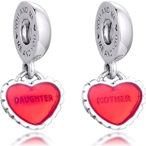 Mother & Daughter, Red Enamel Charm 925 Sterling Silver Heart Beads for Jewelry Making Gift for Women DIY free shipping 02W087