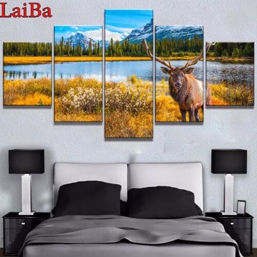 5pcs/set Mountain Bull Elk Animal DIY 5D Full square/round Diamond Painting natural fall lake view Embroidery Cross Stitch Kits