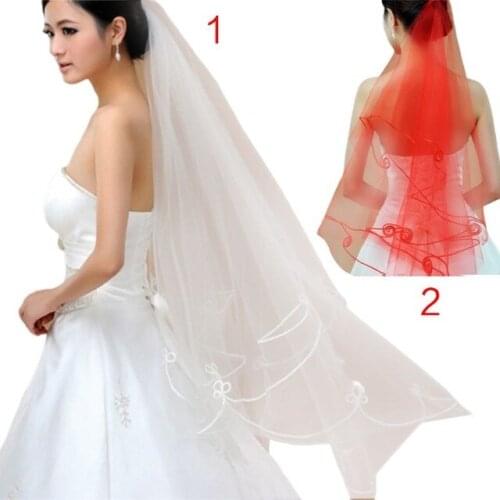 1.2M One-Layer Women Short Fingertip Length Tulle Wedding Veil Spiral Wavy Satin Ribbon Trim Solid Color Sheer Thin Bridal Veil