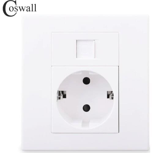 Coswall PC Panel EU Russia Spain Wall Socket + 1 Gang CAT6 RJ45 Internet Computer Data Connector White Color Modular 86*86mm