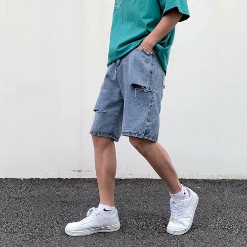 Hong Kong style casual tooling denim shorts mens 2021 summer tide brand ins new loose breeches wear five-point pants