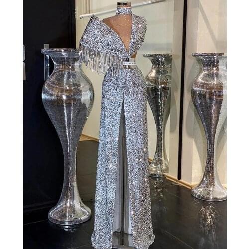 Luxury Long Plus Size Prom Dresses 2021 High Neck Sexy Front Slit Silver Sequin African Women Formal PromGowns