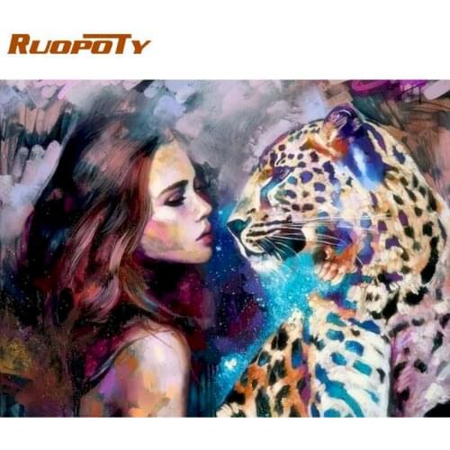RUOPOTY Colorful Girl And Leopard Animal Painting By Numbers 60x75cm DIY Oil Paints By Number Home Room Wall Decor Art Gifts