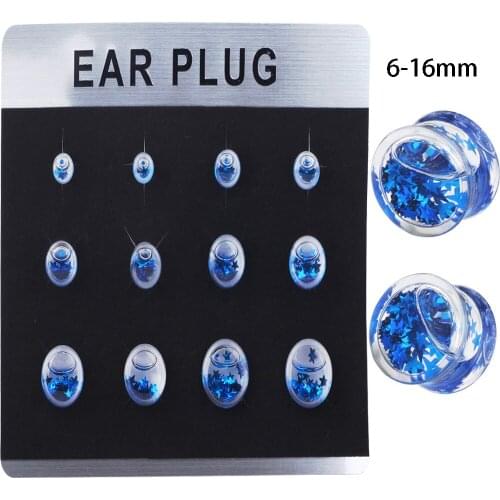 TIANCIFBYJS Blue Star Glitter Liquid Filled Ear Plugs Double Flared Earring Tunnels Gauge Expandable Piercing Body Jewelry 60pcs