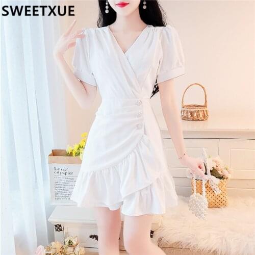 SWEETXUE 2021 Summer V-neck Temperament Puff Sleeve Dress Slim Chiffon Mermaid Dress Women Vestidos Femme