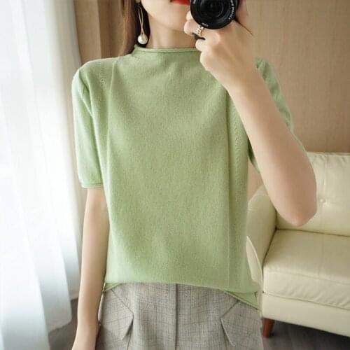 100% Pure Wool Short-sleeved Womens T-shirt short loose openwork Knitted Cashmere sweater summer New O-neck Pullover T-shirt
