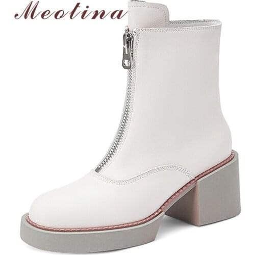 Meotina Women Patent Leather Ankle Boots Thick High Heel Platform Round Toe Boots Zipper Ladies Boots Autumn Winter Beige 34-41