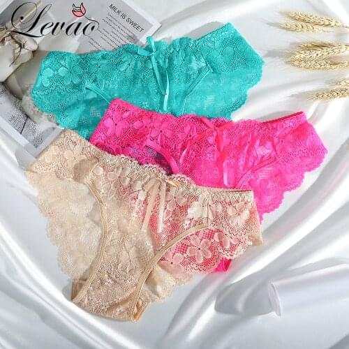LEVAO Womens Panties Transparent Low Waist Floral Underwear Women Lace Soft Briefs Sexy Female Ladies Underpants Lingerie