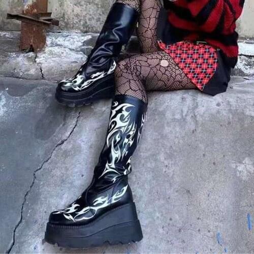 Women Thick Bottom Print Chunky Heel Shoes Female Mid Calf Boots Ladies Platform Wedges Casual Punk Leather Pu Plus Size Fashion