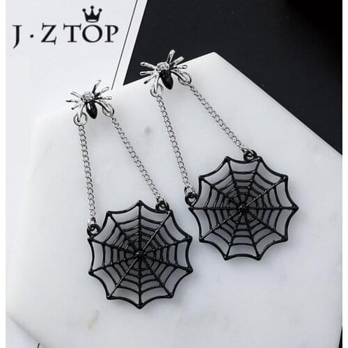 JZTOP Exaggerated Black Spider Stud Earrings Spider Web Pendant Long Tassel Animal Earrings Woman Fashion Punk Brinco Jewelry