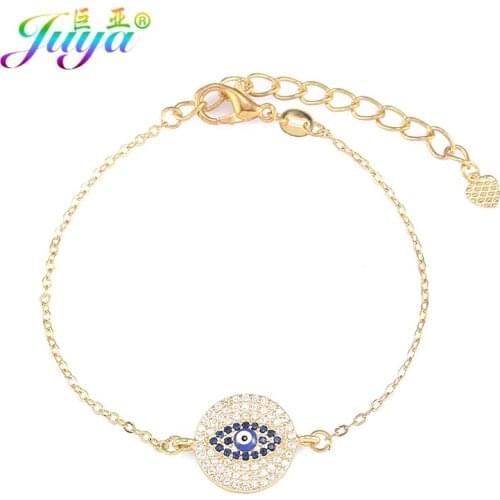Juya Women Men Gold/Rose Gold Enamel Evil Eye Bracelets Micro Pave Blue Zircon Turkish Eye Charm Bracelet