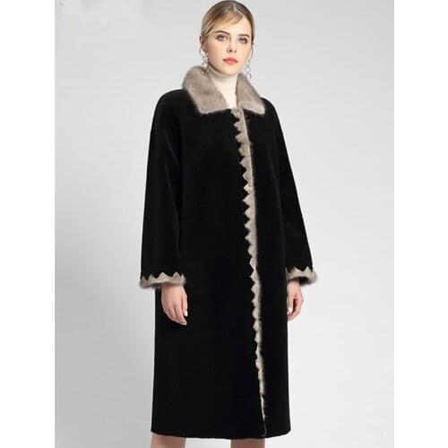 Real Fur Coat Women Sheep Shearing Winter Coat Natural Mink Fur Collar Long Jacket for Womens Clothing Abrigo Mujer ZZH009 YY744