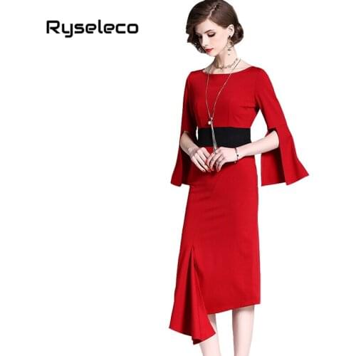 Autumn Pure Color Office Lady 3/4 Slits Flare Sleeve Midi Dress New Irregular Hem Split Women Pencil Elegant Casual Work Dresses