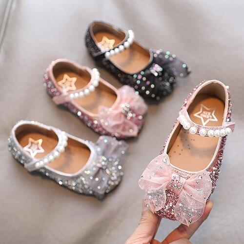2021 Spring Girls Shoes Pearl Prince Shoes For Big Girls Butterfly Bling Mary Janes Kids Flats Dance Shoes Party Crystal Bead