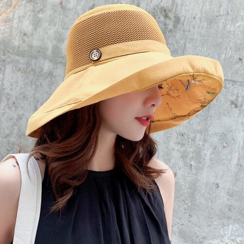 2021 Women Summer Foldable Anti-UV Beach Hat Solid Color Net Mesh Large Wide Brim Sun Hat Ladys Cloth Sunscreen Cap Female Cap