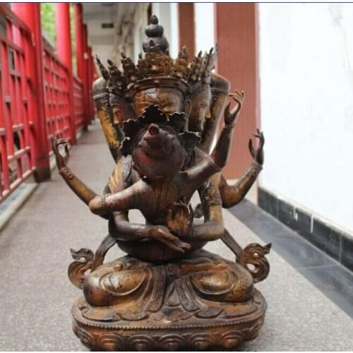 31" Chinese Bronze Gild 3 Head 8 Arms Buddha Statue