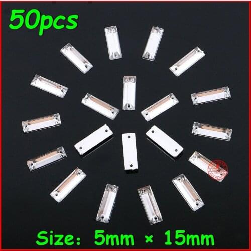 50pcs/lot 5*15mm Rectangle Crystal Stone 2 Holes Sew On Sliver Flatback Rhinestone DIY Jewelry For Women Wedding Dress Clothes