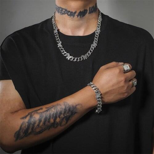 Hip Hop 13MM Iced Out Paved Rhinestones Miami Curb Butterfly Cuban Chain CZ Bling Rapper Necklace Bracelet For Men Women Jewelry