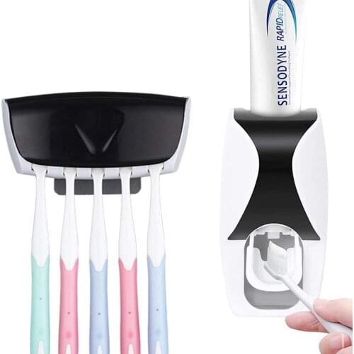 Toothbrush Holder Toothpaste Dispenser Set Dustproof with Super Sticky Pad Wall Mounted Kids Hands Free Toothpaste Squeezer