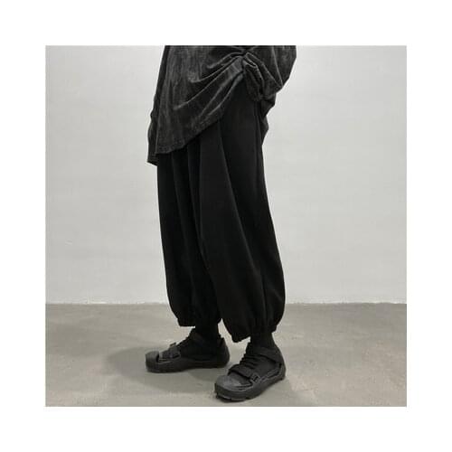 Home-made design dark warm fleece drawstring design straddle pants
