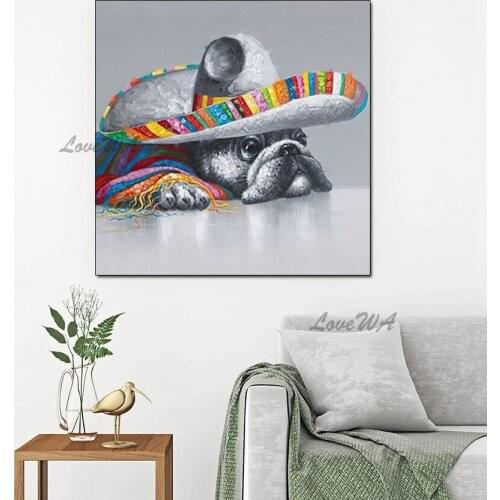 Decoration Oil Painting New Modern Dog In A Straw Hat Animal Abstract Wall Painting Hand Painted On Canvas Wall Home Decor Gift