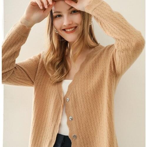 V-Neck Cashmere Sweater Womens Pure Wool Cardigan Fashion Hollow Coat Knitted Wild Spring Autumn Soft 2021 New Bottoming Shirt