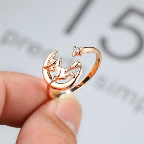 Cute Female White Crystal Adjustable Ring Classic Rose Gold Color Moon Star Rings For Women Trendy Halloween Witch Small Ring