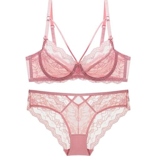 Bra Set For Women Plus Size Transparent Ultra-thin Strappy Cup Floral Underwire brassiere Lingerie Women Pink E cup