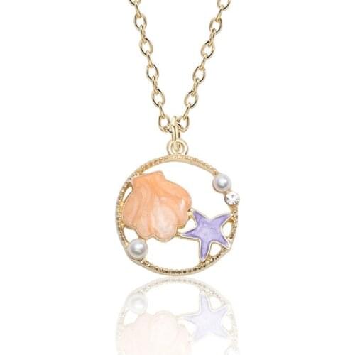 Fashion Cute Girls Enamel Shell Starfish Necklace Women Korea Style Gold Color Pearl Pendant Necklace Female Jewelry Party Gift