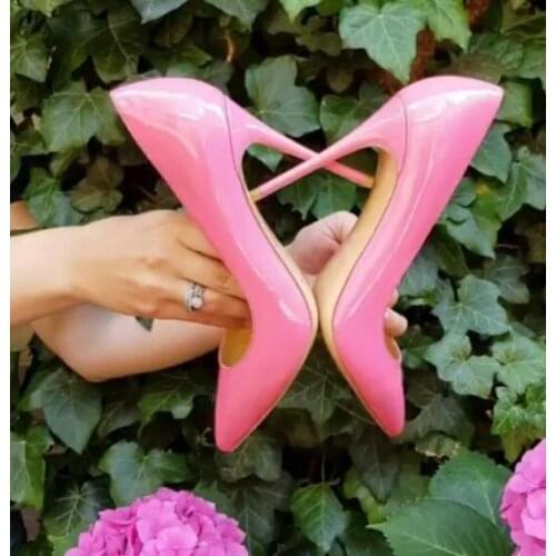 Moraima Snc Hot Selling Pink Patent Leather High Heel Shoes Sexy Pointed Toe Woman pumps Thin Heels Party Dress Shoes