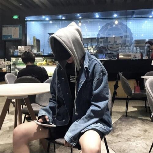 Fashion men denim jacket Spring autumn hooded Casual cowboy coat Couple Solid color jeans jacket Male loose outerwear Hoody 3XL