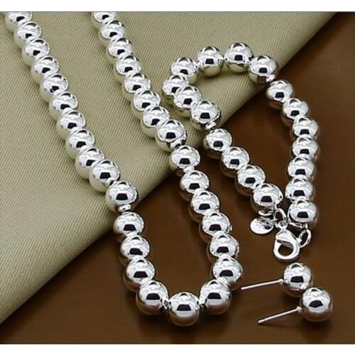 925 Sterling Silver Fashion Jewelry 10mm Smooth Round Beads Necklace Bracelet Earring Jewelry Sets For Women Top Quality
