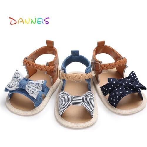 Anti-slip Soft Sole Canvas Baby Girls Sandals Bow Toddler Shoes First Walkers Shoes Summer Prewalkers Kids Casual Slippers