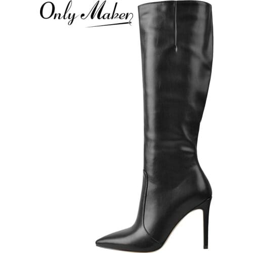 Onlymaker Winter Pointed Toe Knee High Boots Stiletto High Heels Soft PU Leather Flock Concise Side Zipper 2021 New