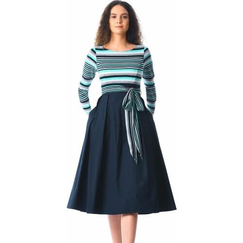 Accept Drop Shipping Spring Autumn O-Neck Long Sleeve Light Blue Striped Poplin Sash Tie Midi Dress