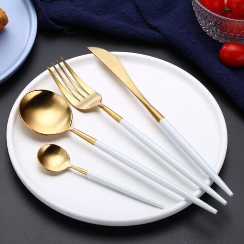 Luxury Dinnerware Set Stainless Steel Plating Gold Blue Black Knife Fork Tableware Cutlery White European Western Food Set 16pcs