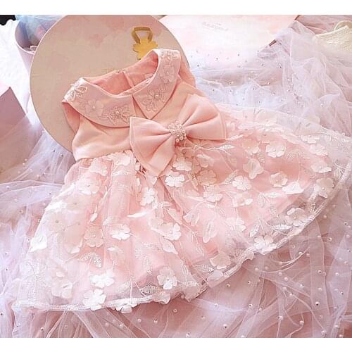Pink Lace Baby Girl Dress Princess Flower Infant Girl 1 Year Birthday Wedding Party Gown for Baptism Christening 0-24M