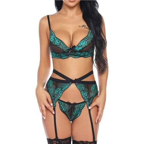 Sexy Lingerie Womens Embroidery Lace Bra G-string Garter Sexy Underwear Erotic Costumes Plus Size Porno Backless Lenceria Mujer