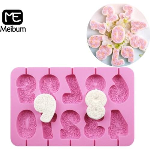 Meibum Rose Arabic Numerals Lollipop Molds Chocolate Candy Candle Silicone Mold Birthday Cake Topper Decorating Baking Tools